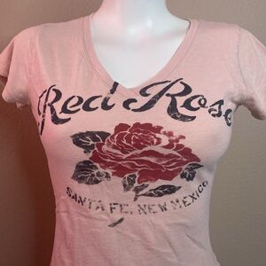 Lucky brand vintage soft pink V-neck T-shirt with rose and Santa Fe graphic XS